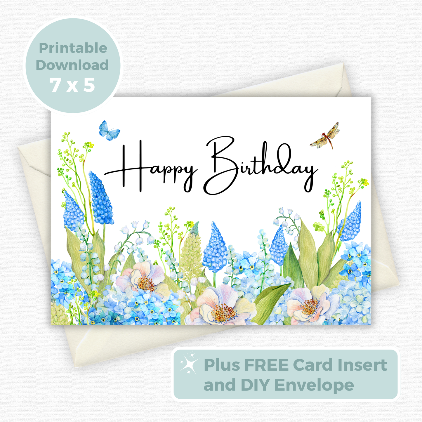 Printable Birthday Card - Pretty Blue Flowers