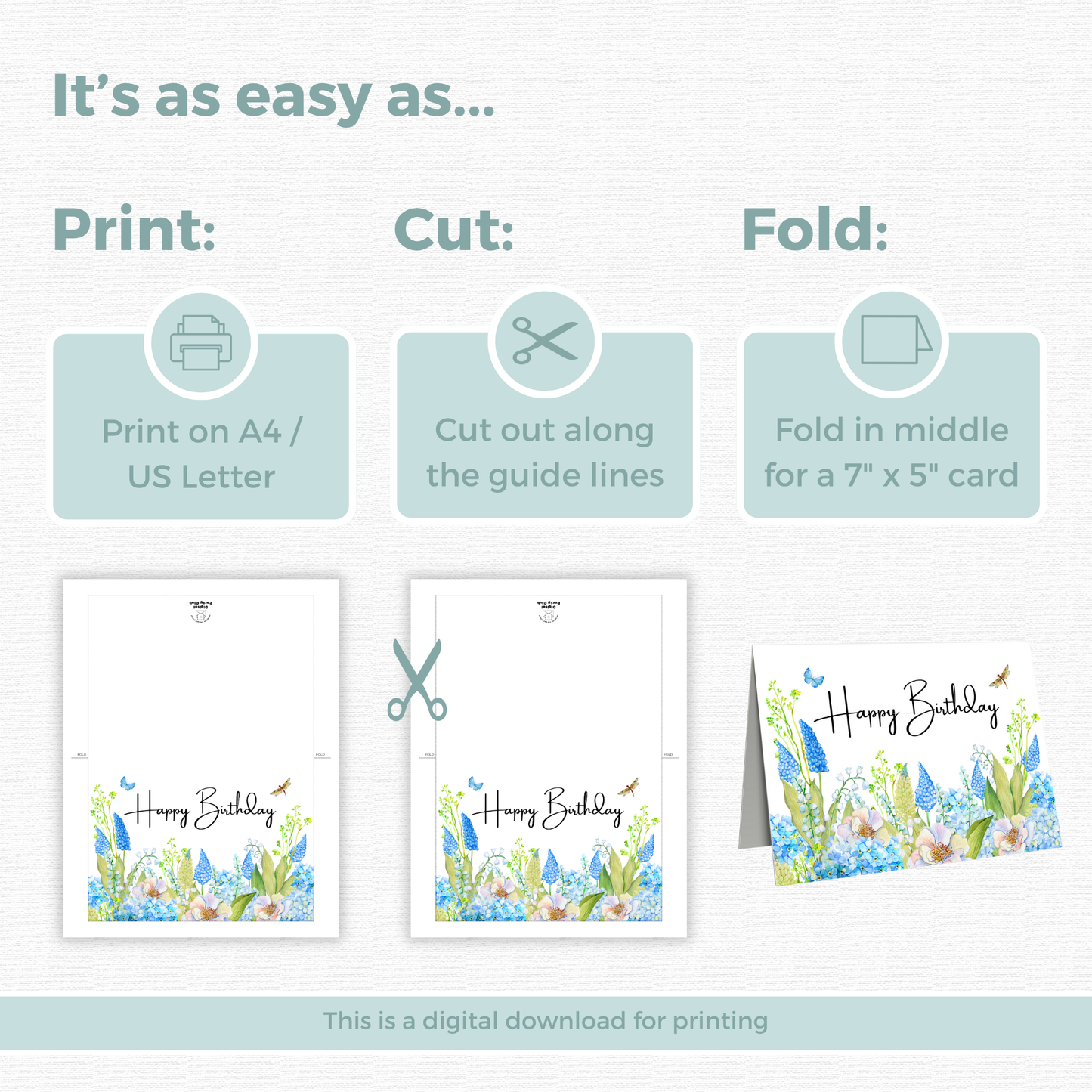 Printable Birthday Card - Pretty Blue Flowers