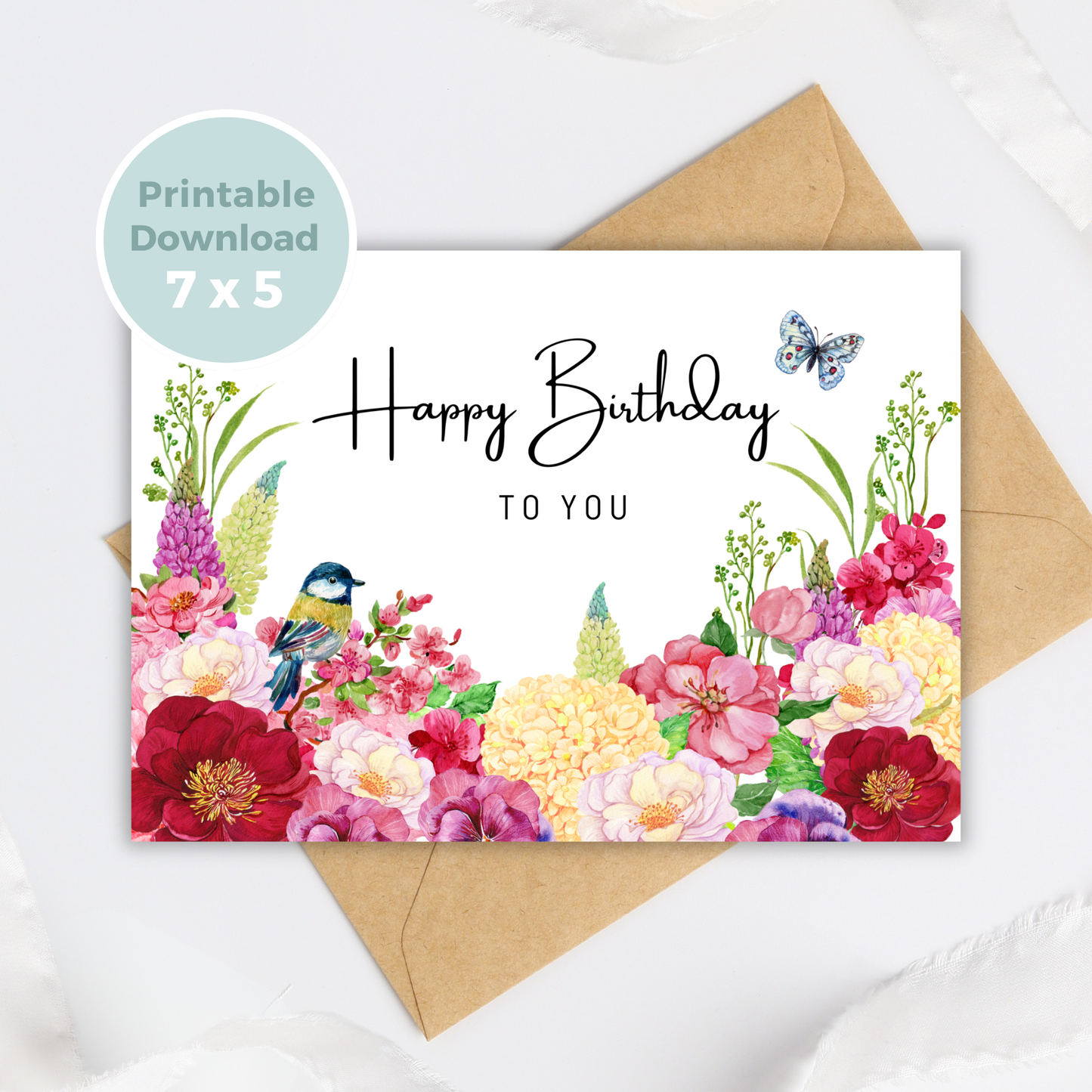Printable Birthday Card - Red Pink Flowers