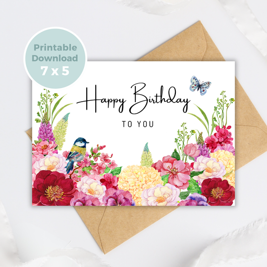Printable Birthday Card - Red Pink Flowers