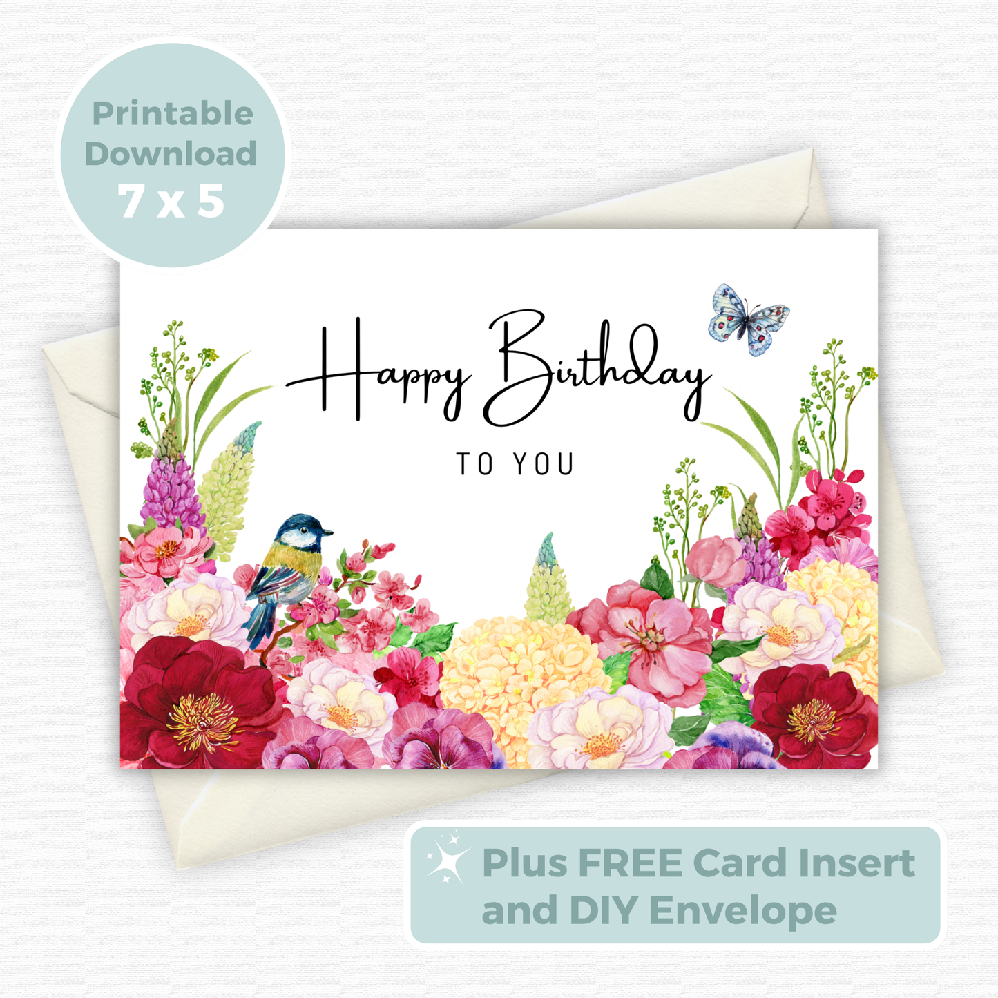 Printable Birthday Card - Red Pink Flowers