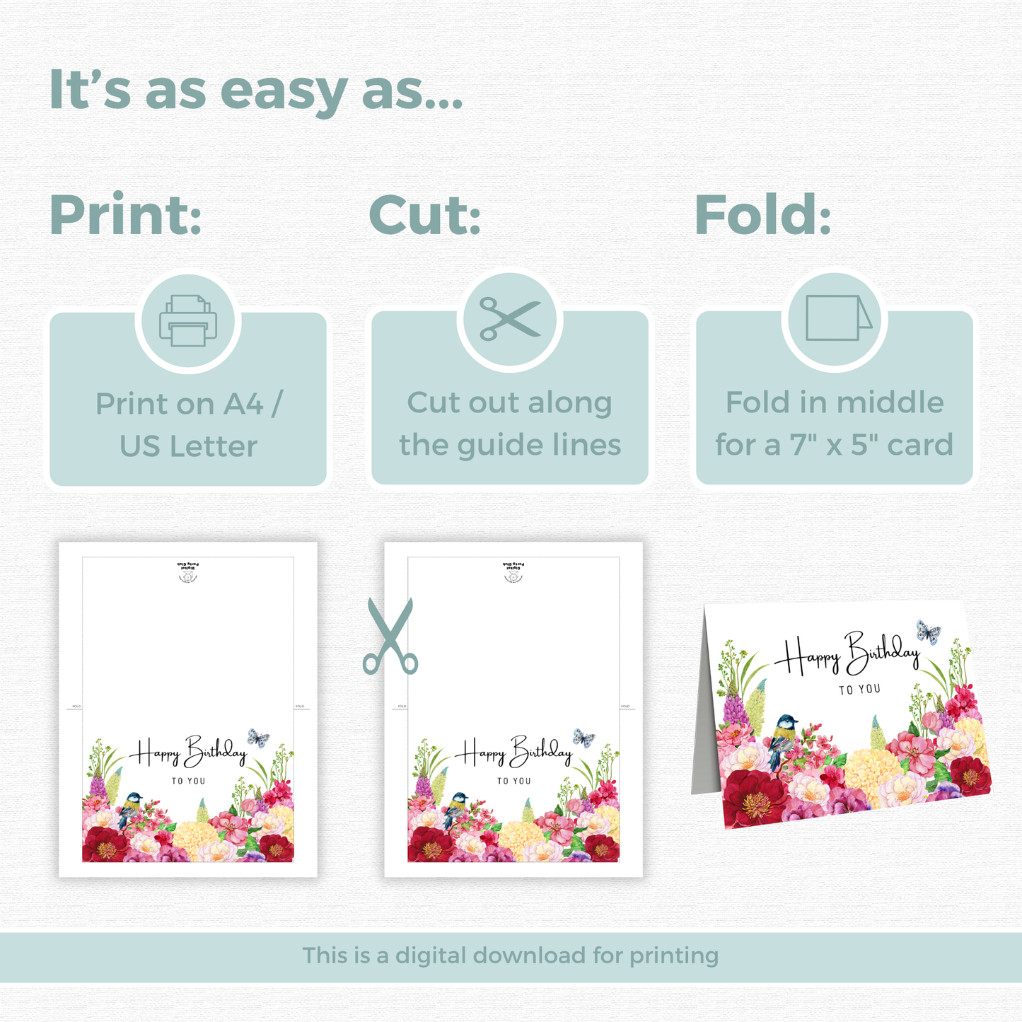 Printable Birthday Card - Red Pink Flowers