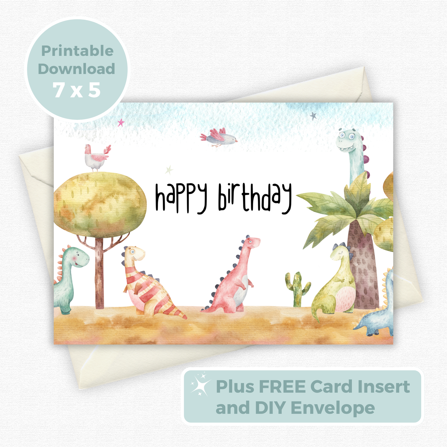 Printable Birthday Card - Watercolour Dinosaur