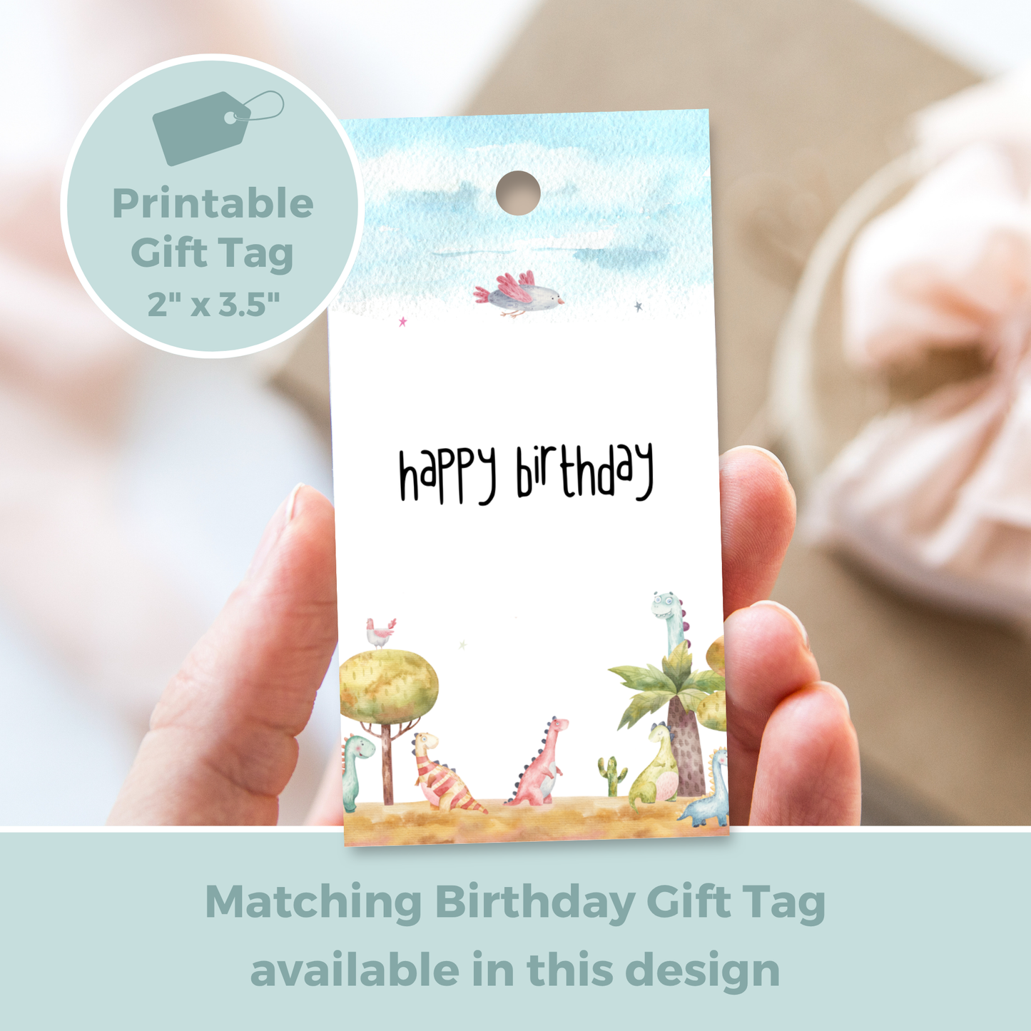 Printable Birthday Card - Watercolour Dinosaur