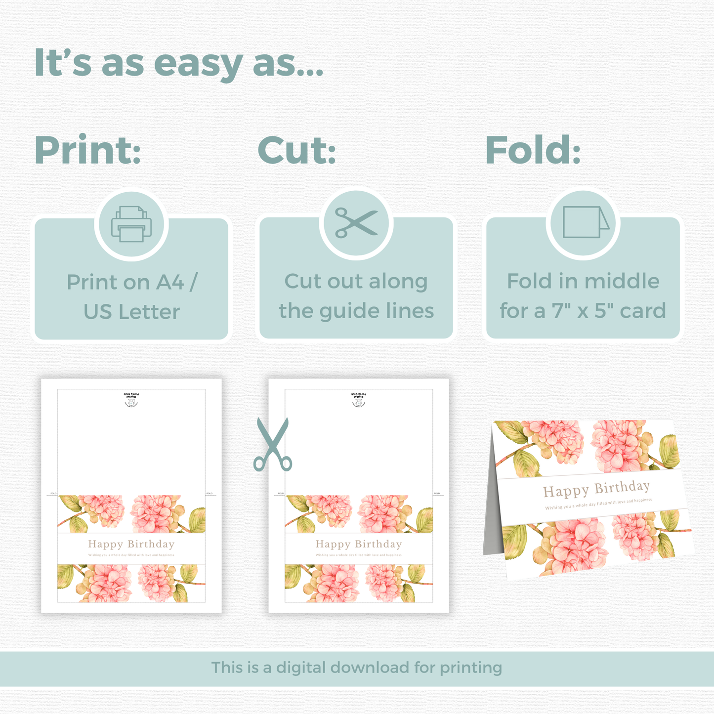 Printable Birthday Card - Pink Flowers