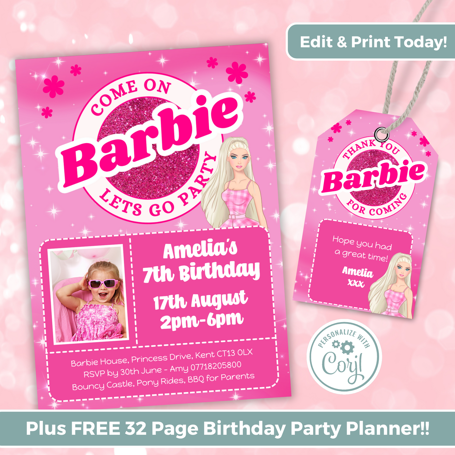 Editable Birthday Invitation and FREE Thank You Tag - Barbie