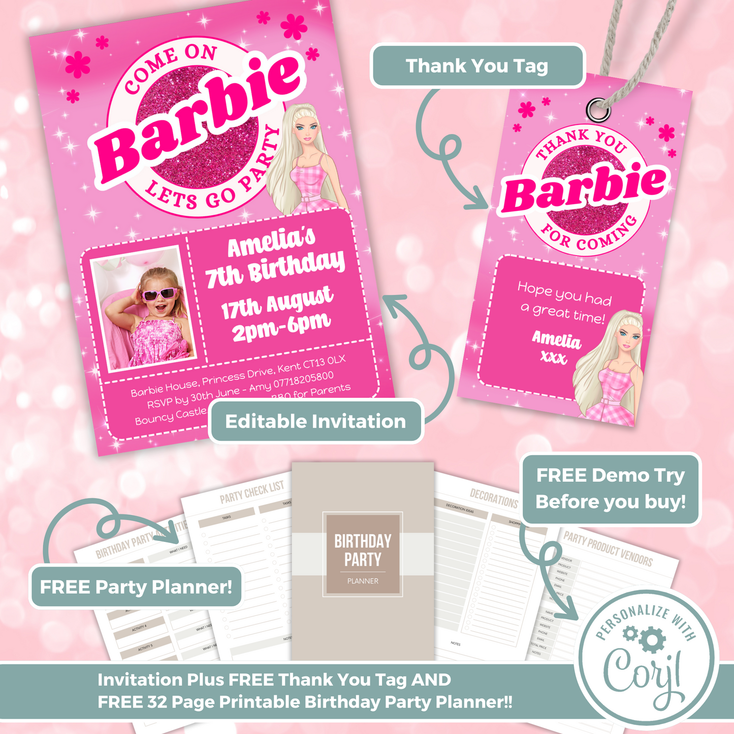 Editable Birthday Invitation and FREE Thank You Tag - Barbie