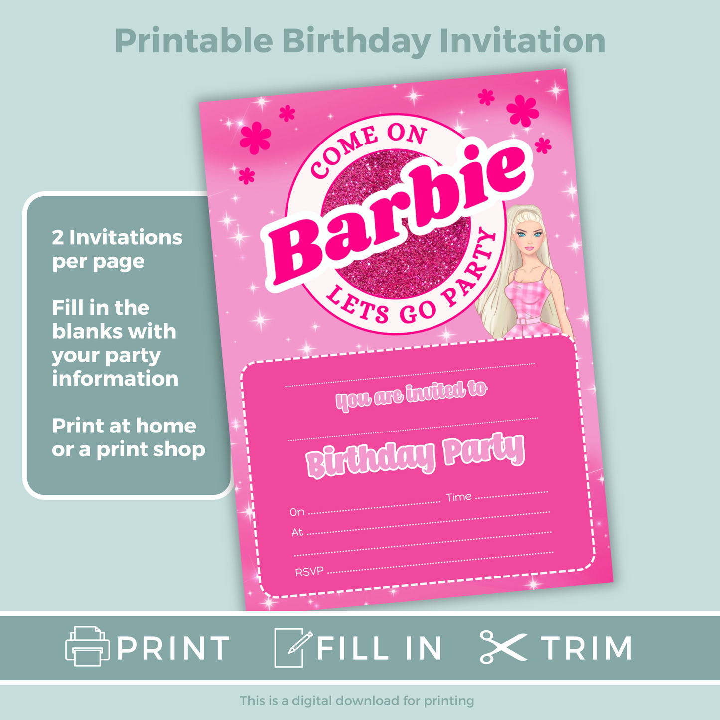 Printable Fill In Birthday Invitation - Barbie