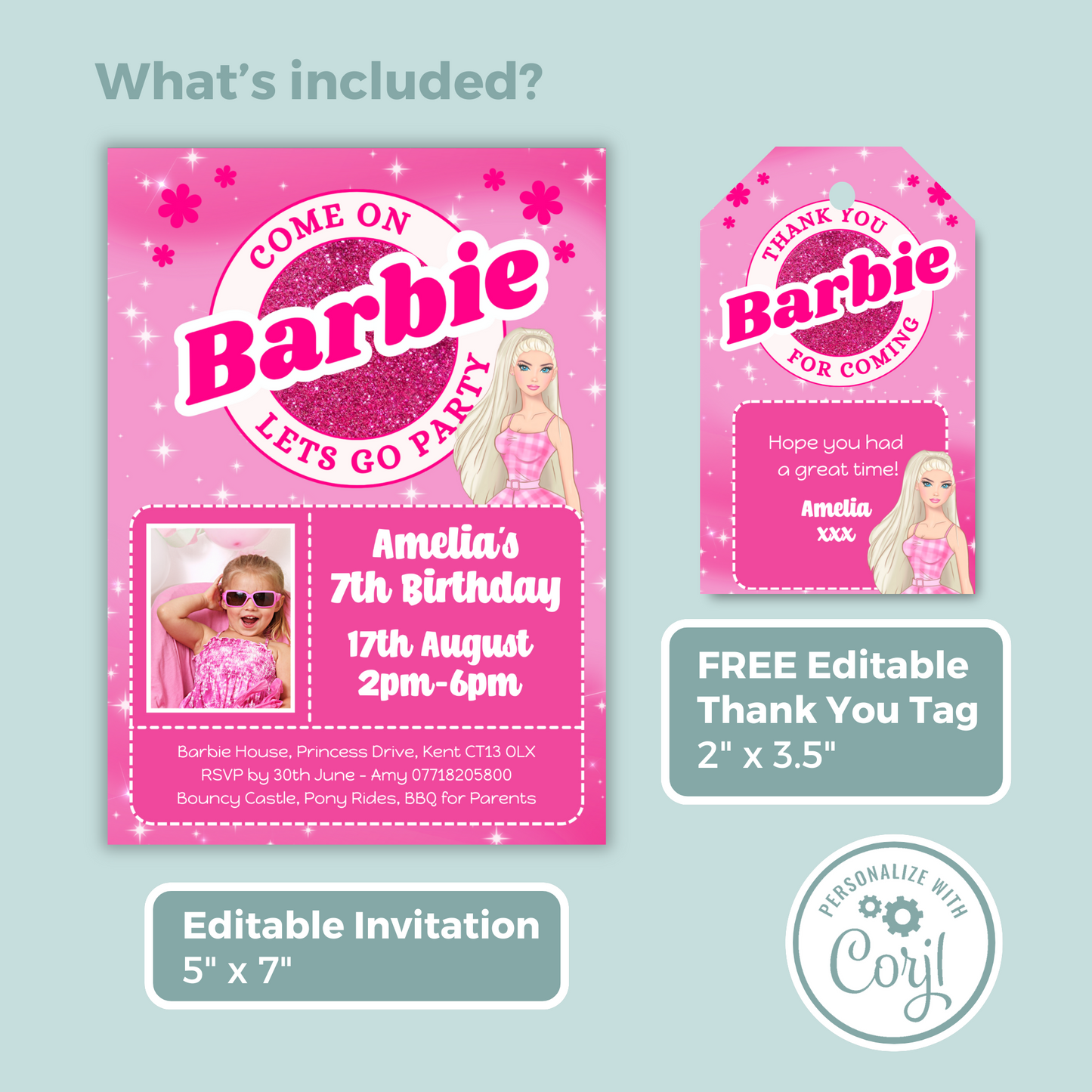 Editable Birthday Invitation and FREE Thank You Tag - Barbie