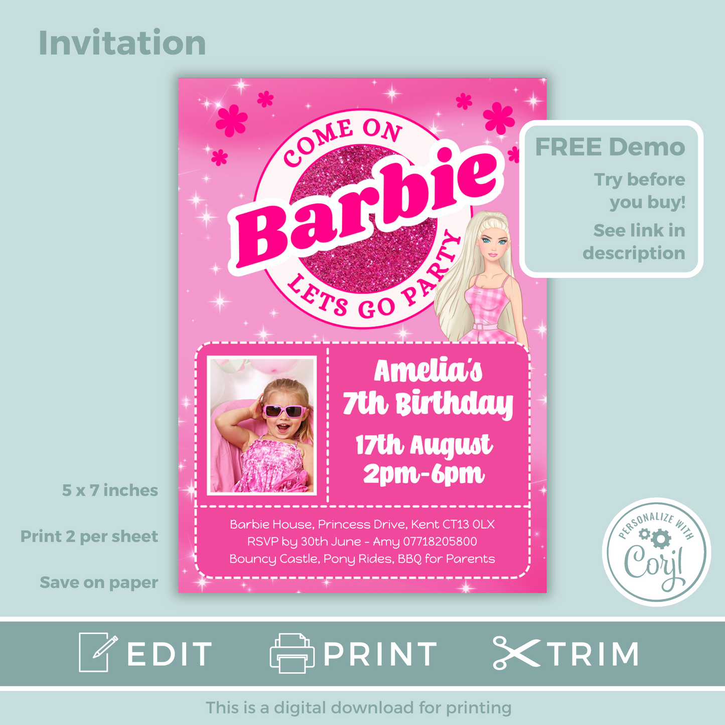 Editable Birthday Invitation and FREE Thank You Tag - Barbie
