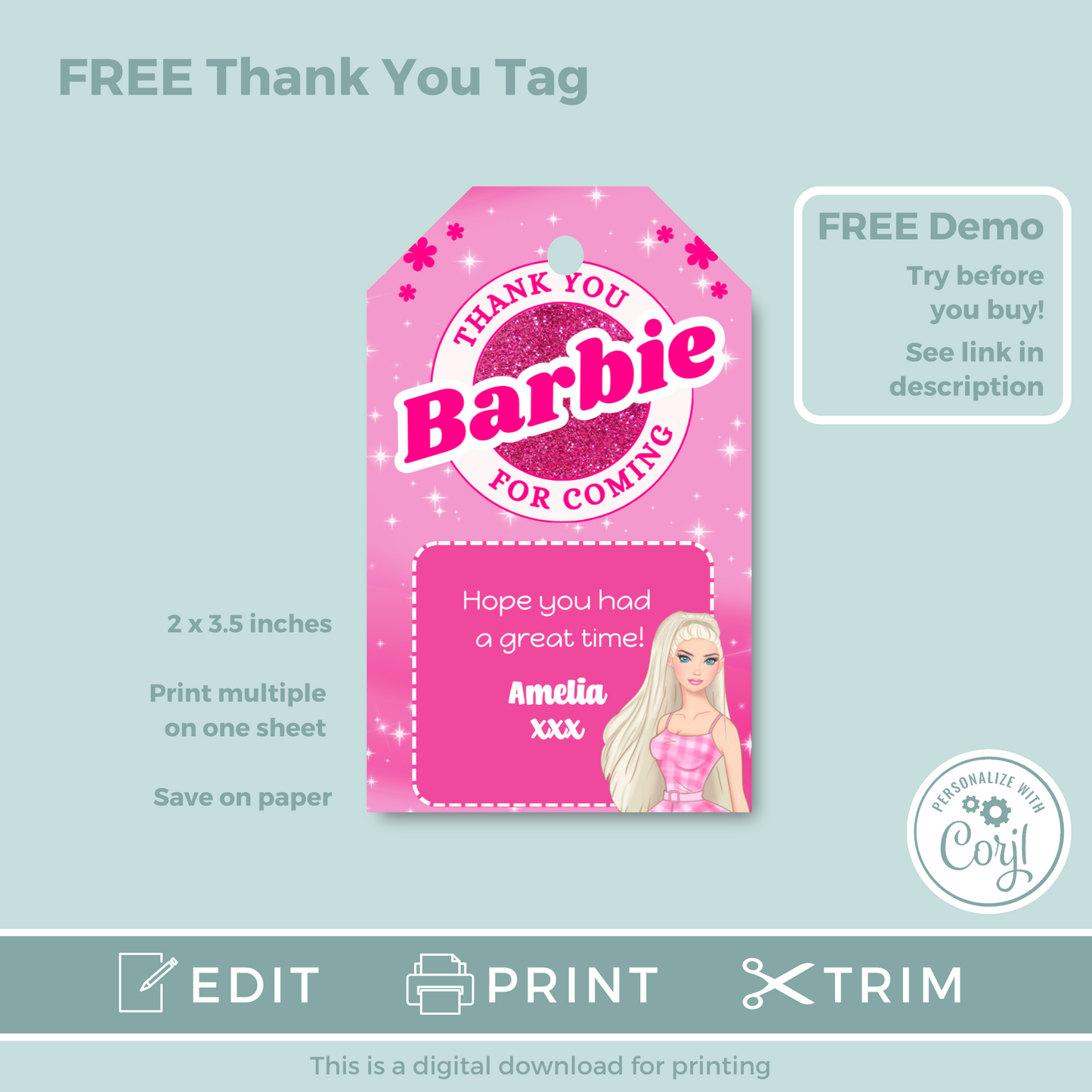 Editable Birthday Invitation and FREE Thank You Tag - Barbie