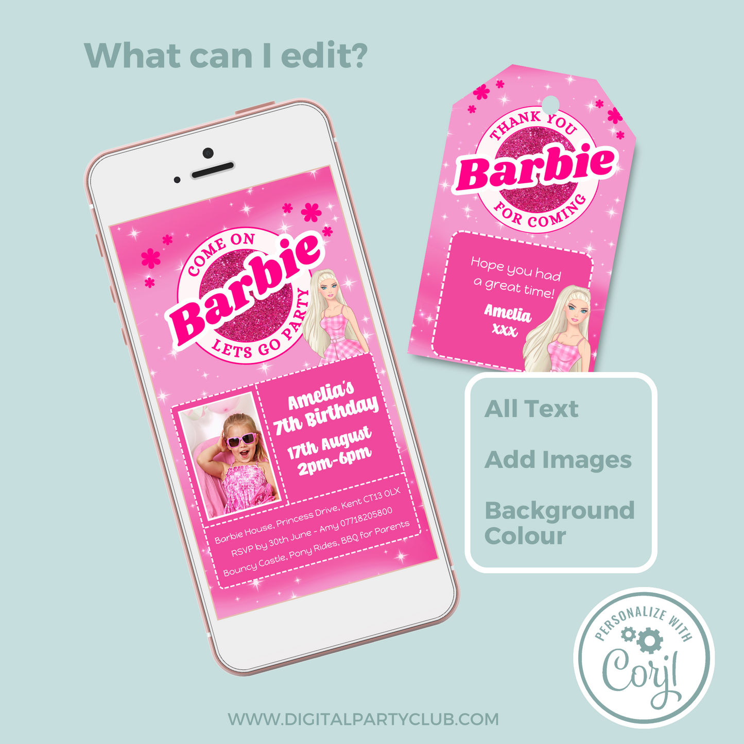 Editable Phone Birthday Invitation and FREE Thank You Tag - Barbie