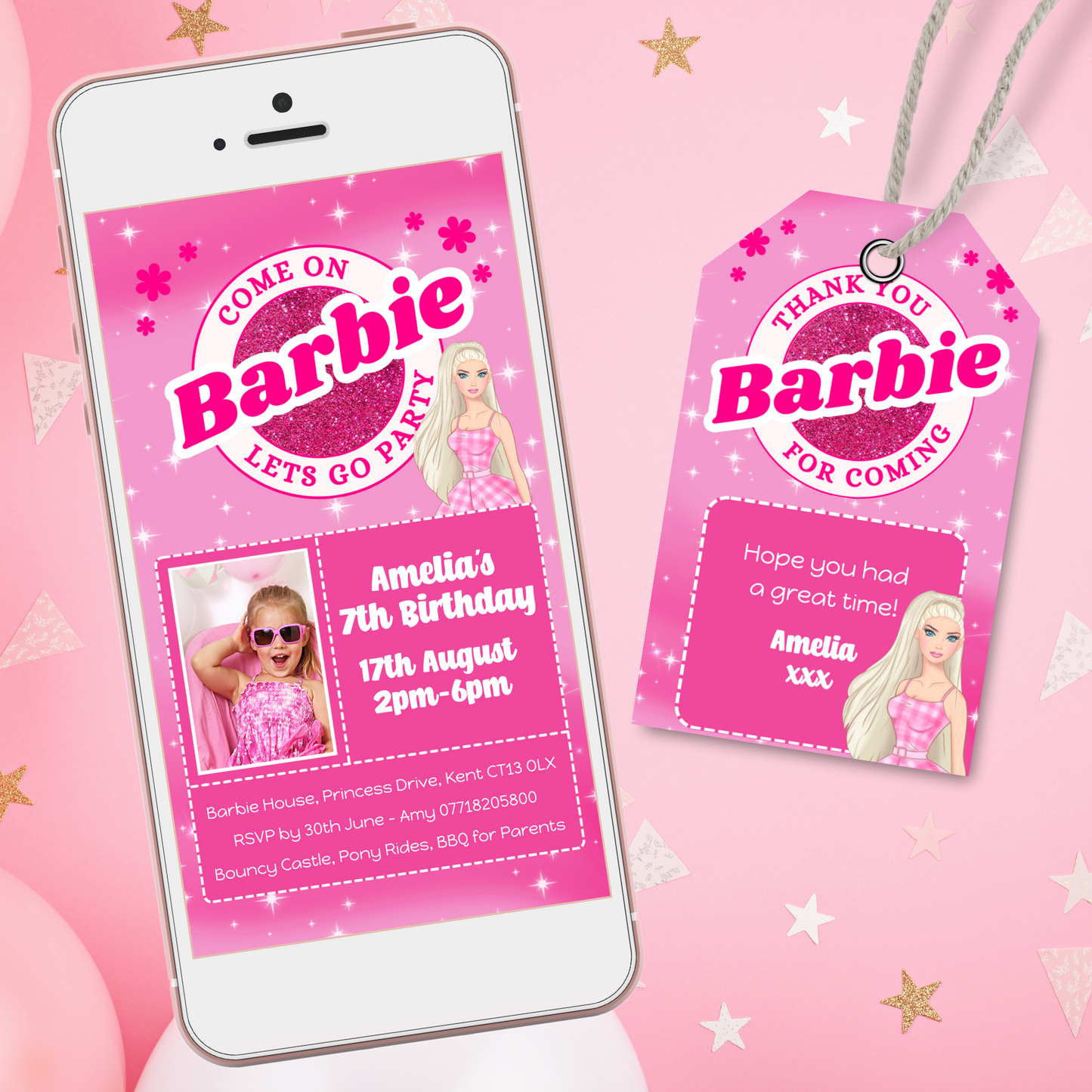 Editable Phone Birthday Invitation and FREE Thank You Tag - Barbie