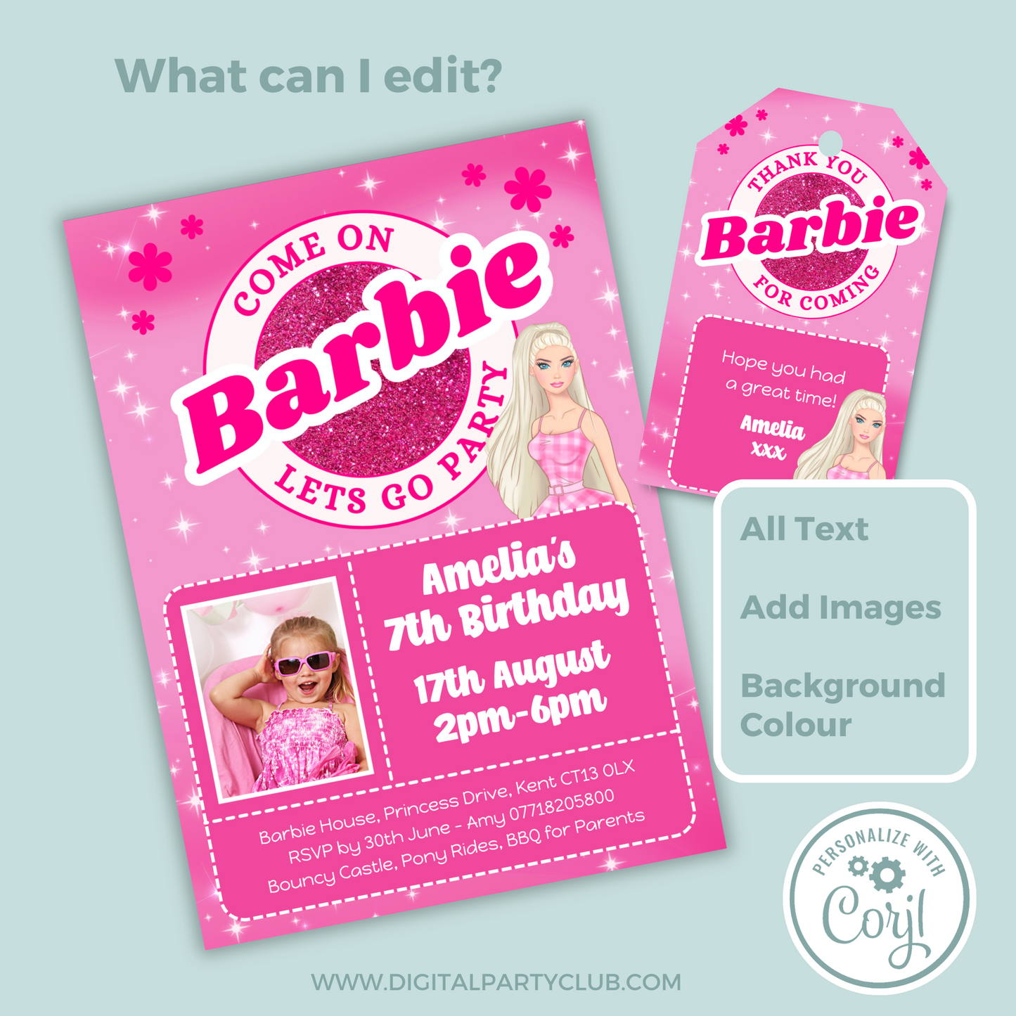 Editable Birthday Invitation and FREE Thank You Tag - Barbie
