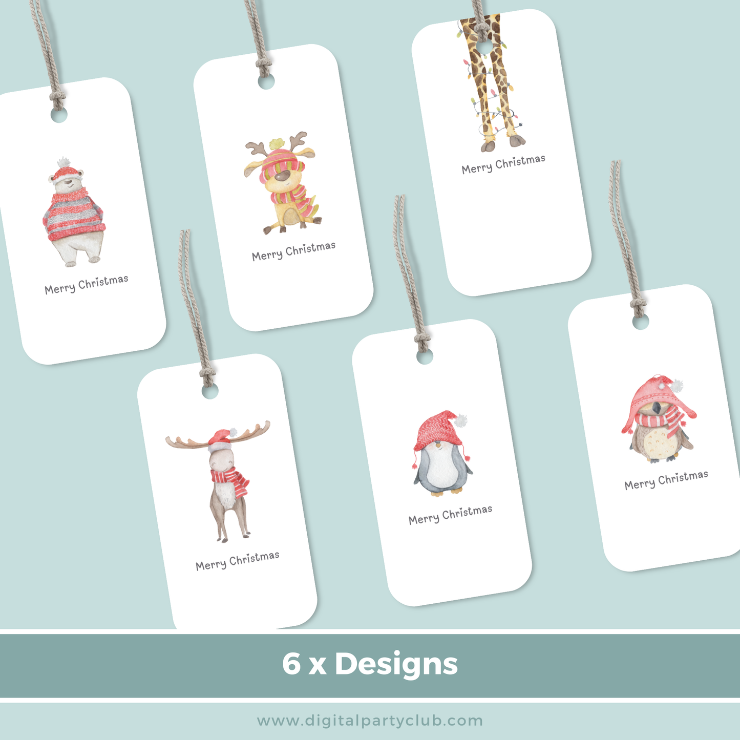 Set of 6 Printable Christmas Gift Tags - Cute Animal