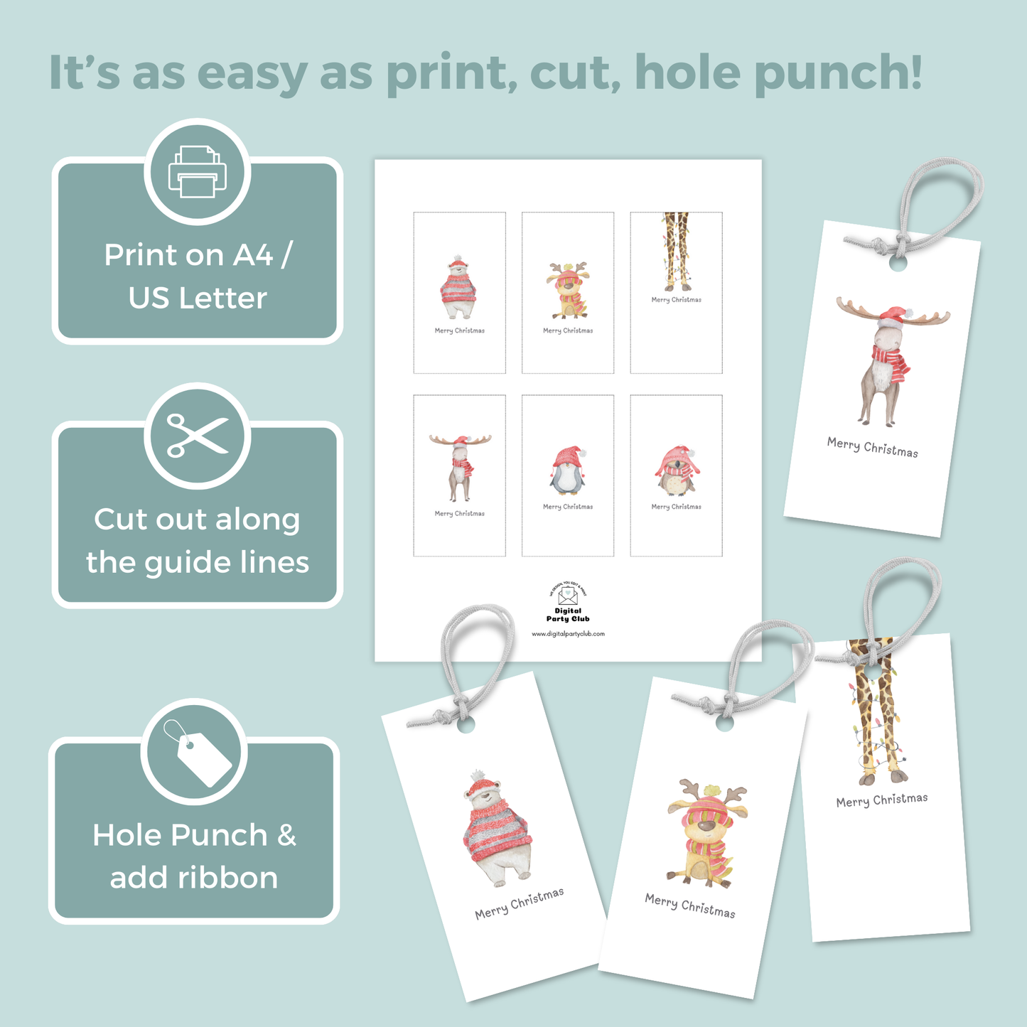 Set of 6 Printable Christmas Gift Tags - Cute Animal