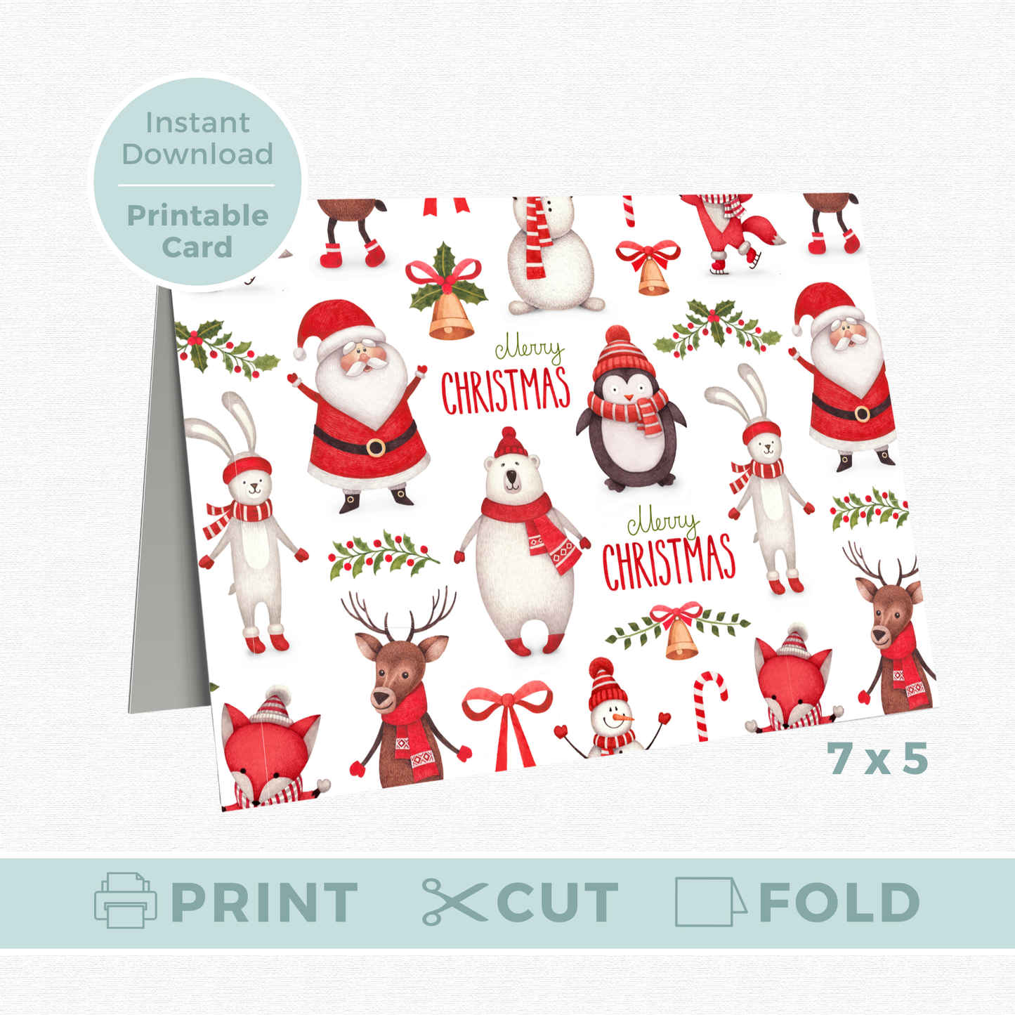 Printable Christmas Card - Santa & Snowman