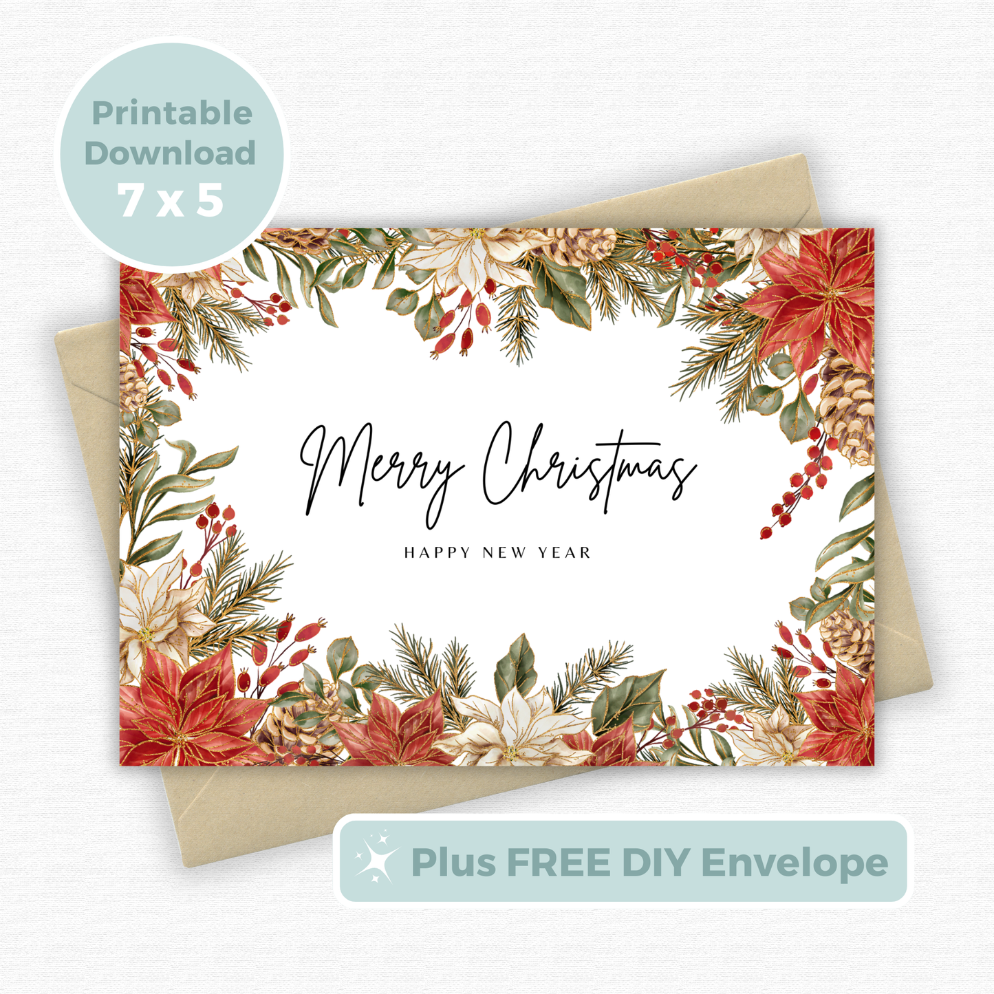 Printable Christmas Card - Gold Festive Flowers