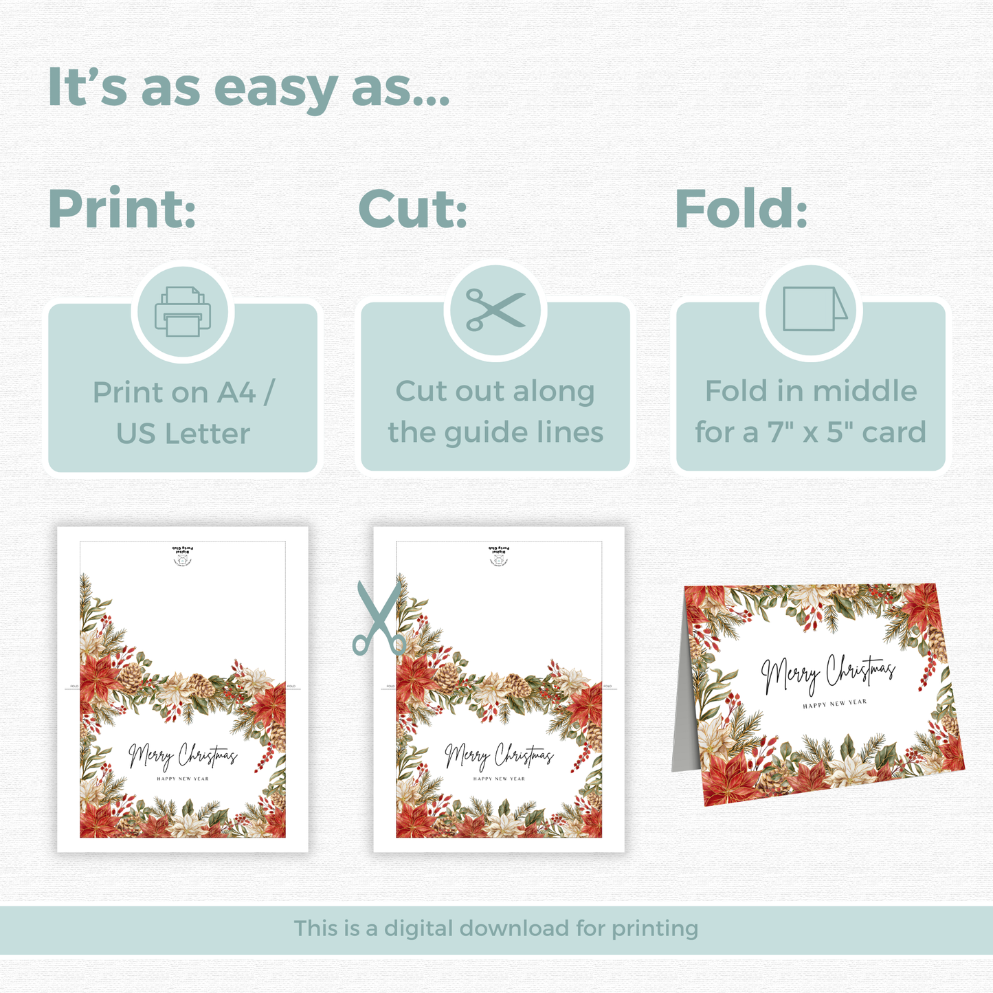 Printable Christmas Card - Gold Festive Flowers