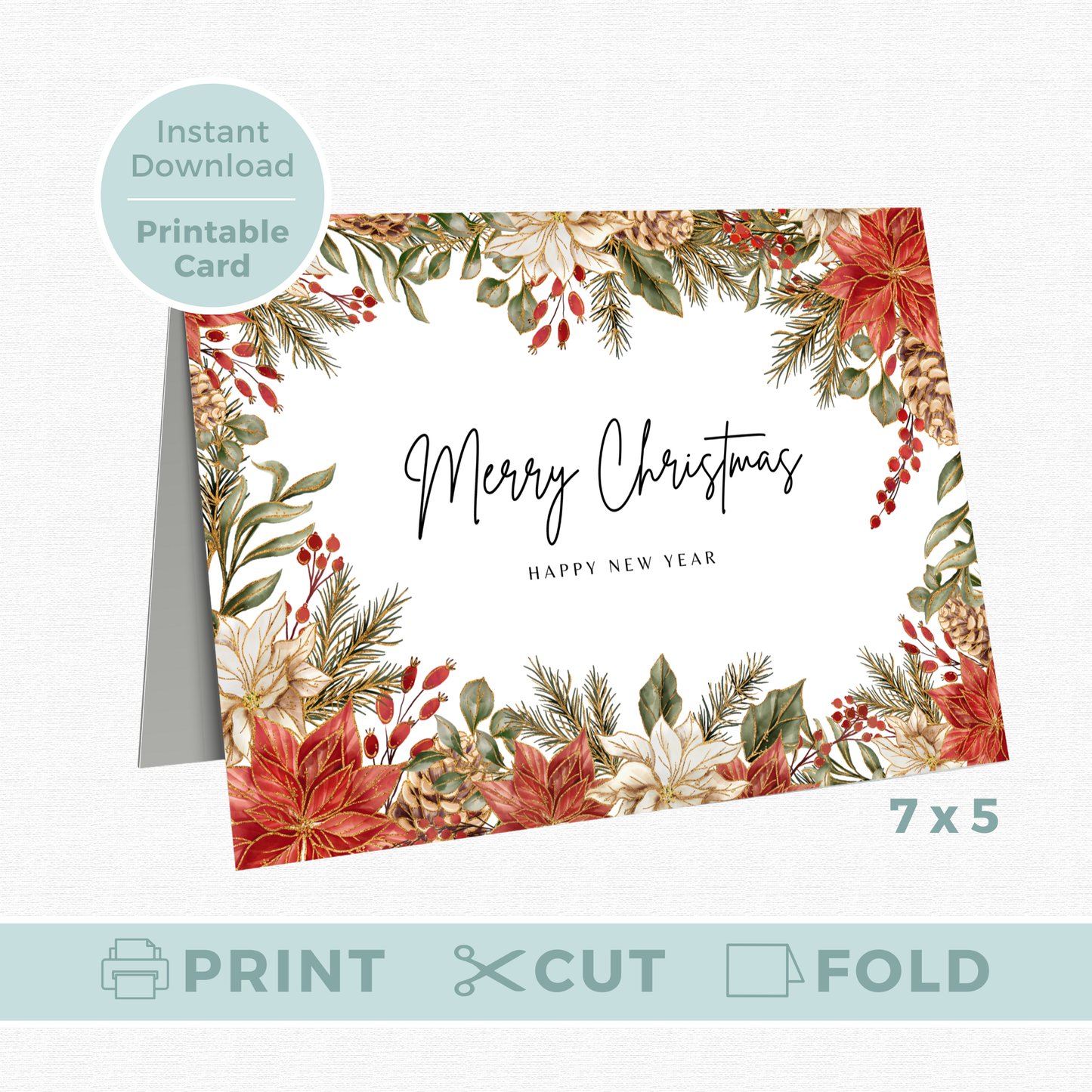 Printable Christmas Card - Gold Festive Flowers