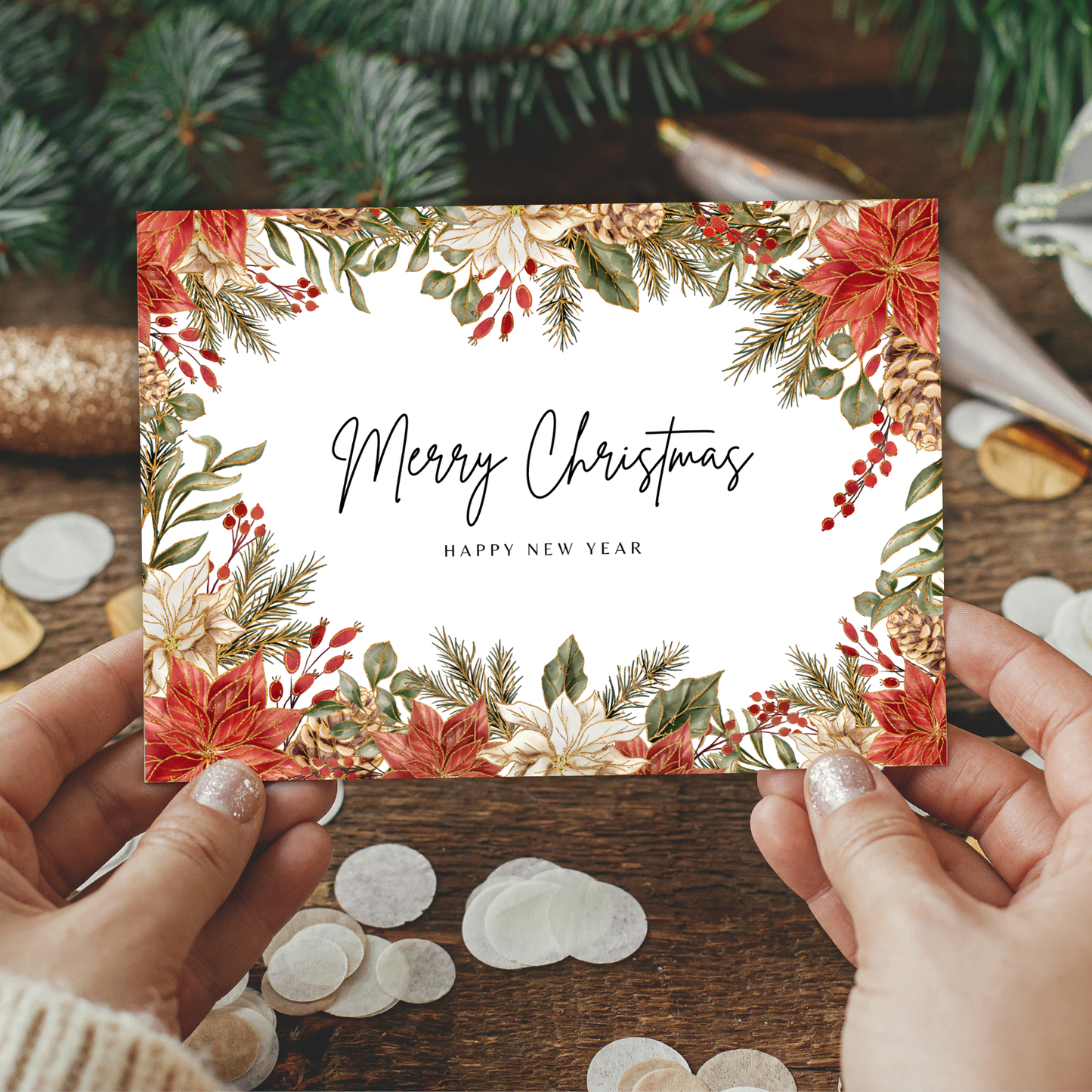 Printable Christmas Card - Gold Festive Flowers