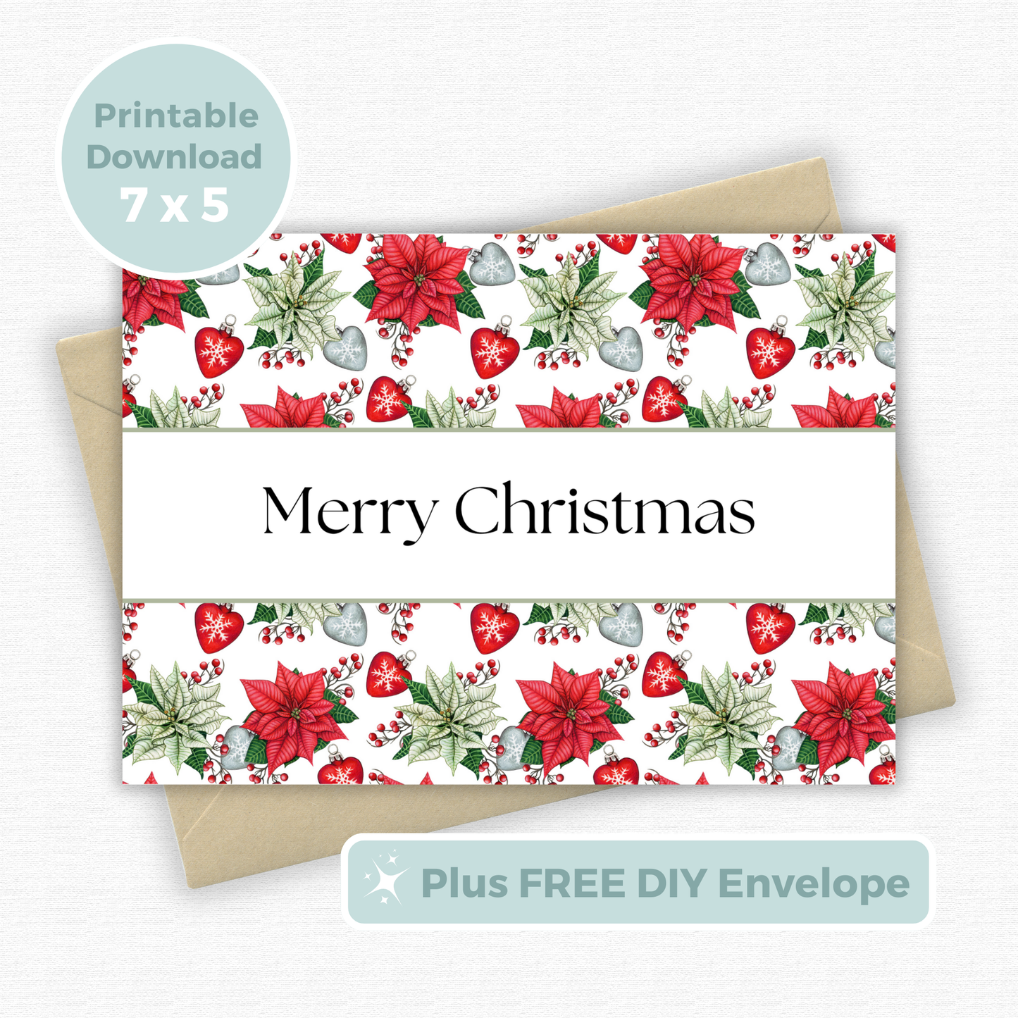 Printable Christmas Card - Red & Green Flowers