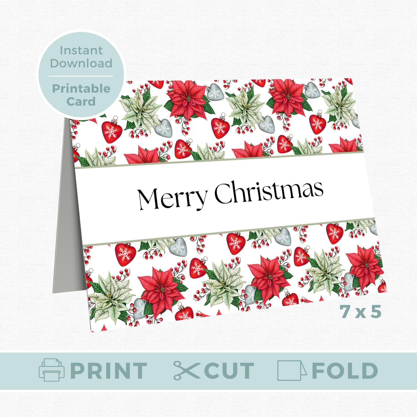 Printable Christmas Card - Red & Green Flowers