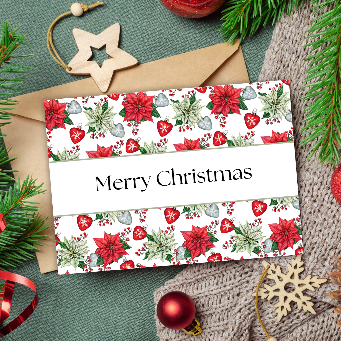 Printable Christmas Card - Red & Green Flowers