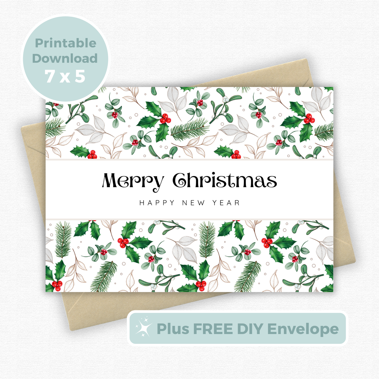 Printable Christmas Card - Holly & Berries