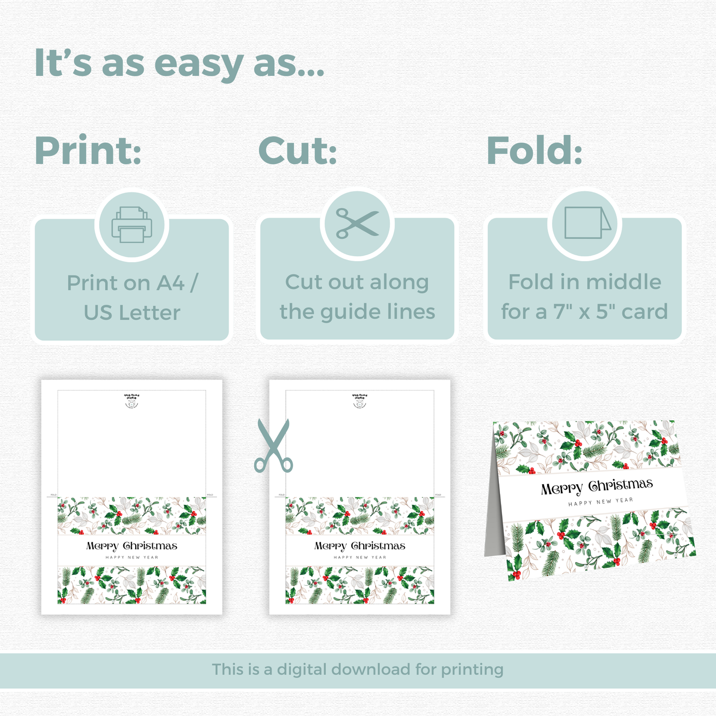 Printable Christmas Card - Holly & Berries