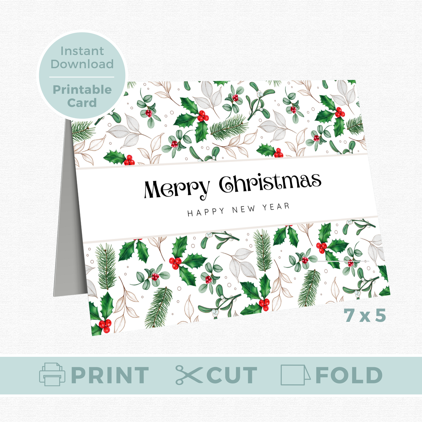 Printable Christmas Card - Holly & Berries