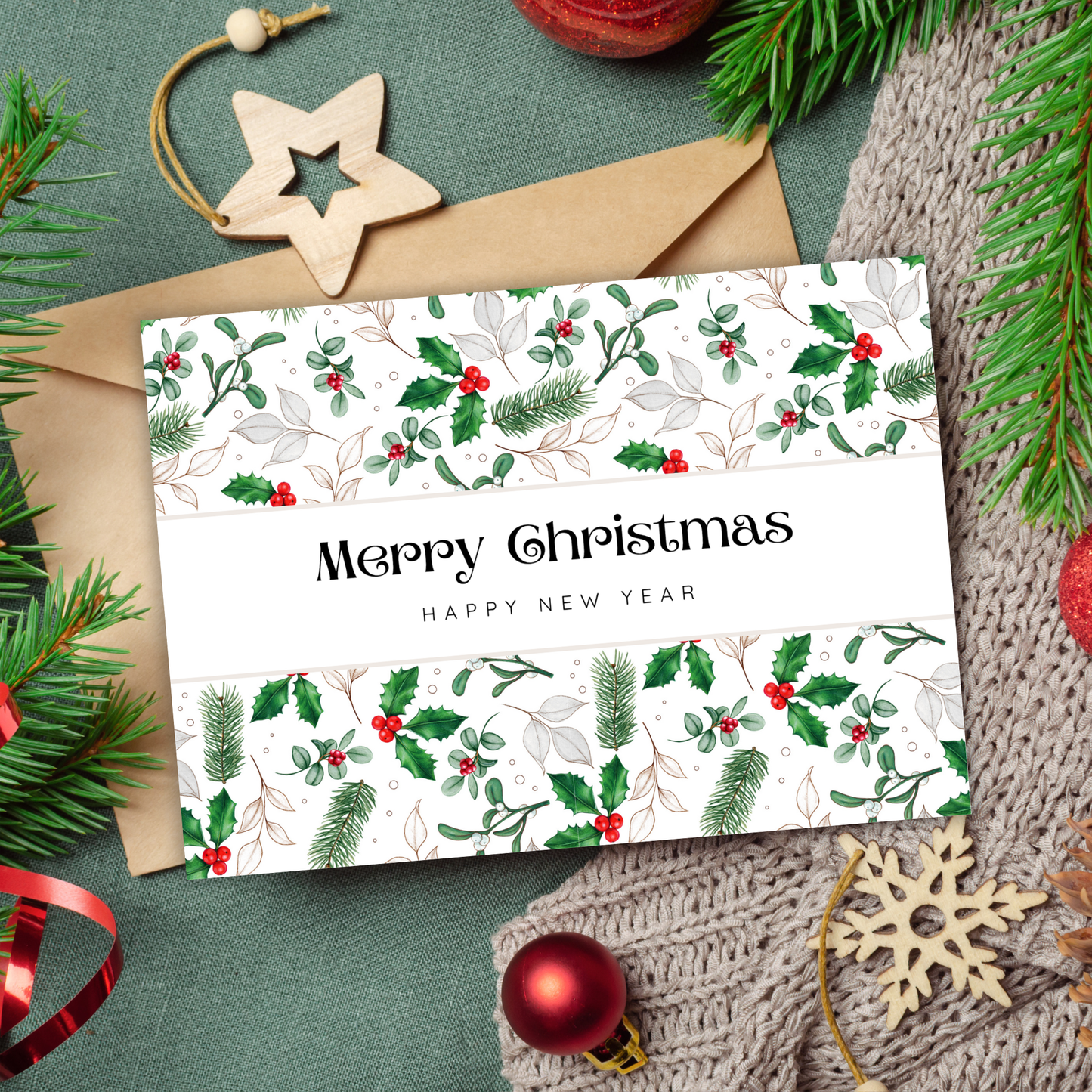 Printable Christmas Card - Holly & Berries