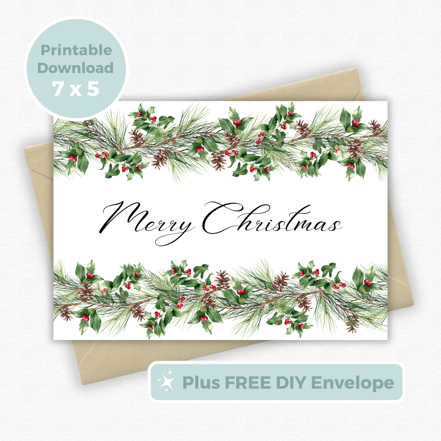 Printable Christmas Card - Pinecone and Holly