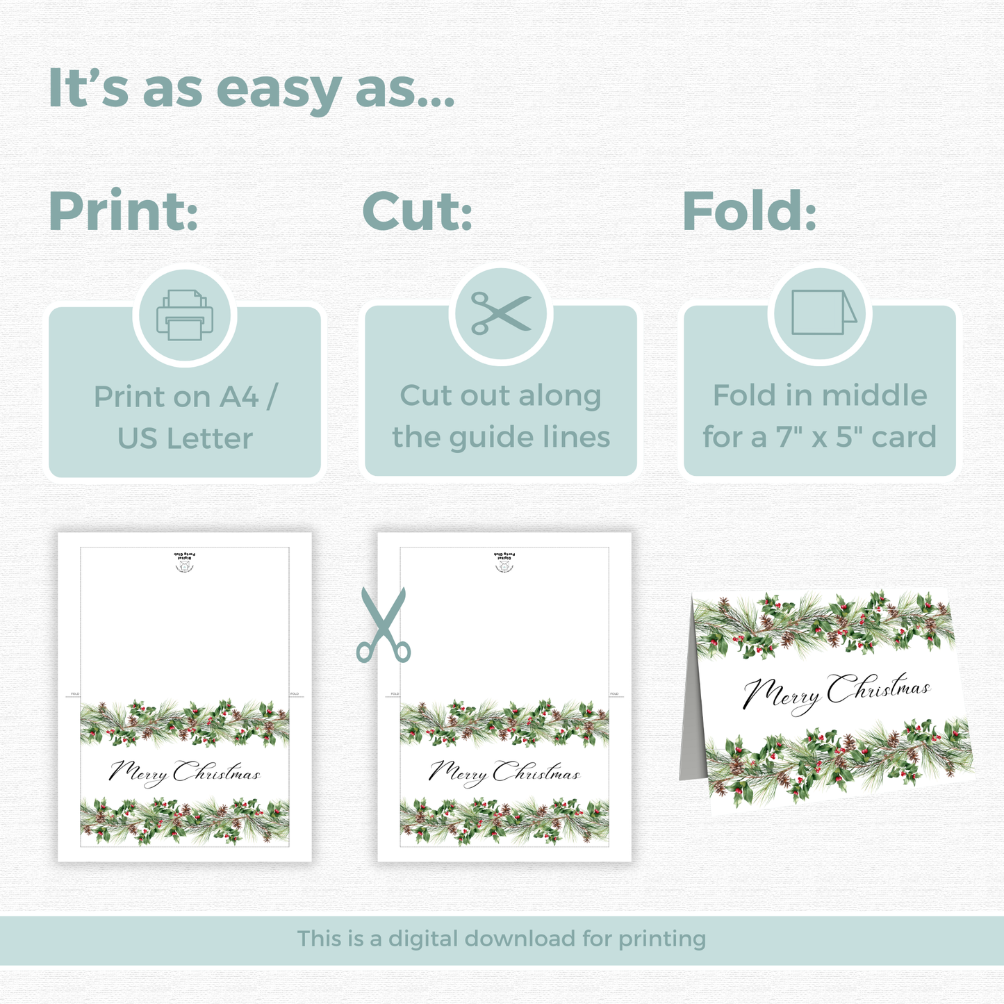 Printable Christmas Card - Pinecone and Holly