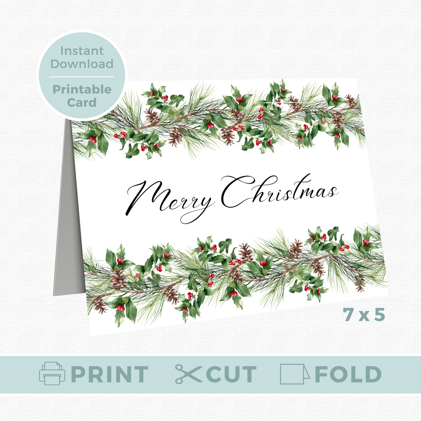 Printable Christmas Card - Pinecone and Holly