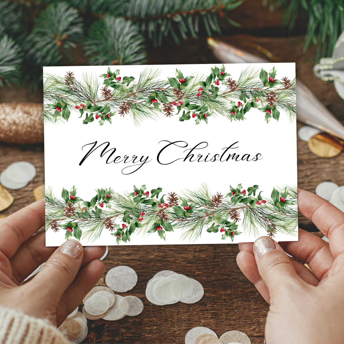Printable Christmas Card - Pinecone and Holly