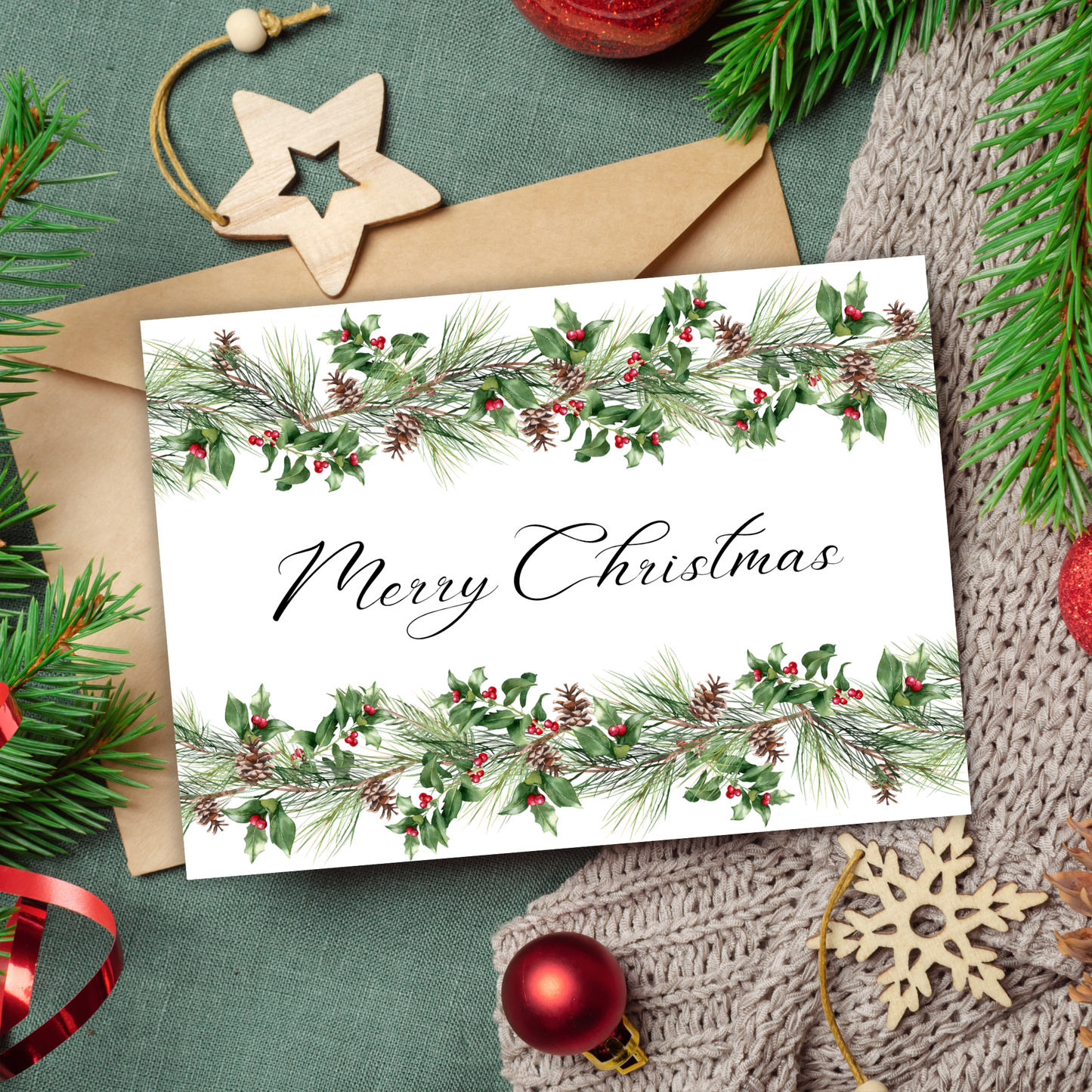 Printable Christmas Card - Pinecone and Holly