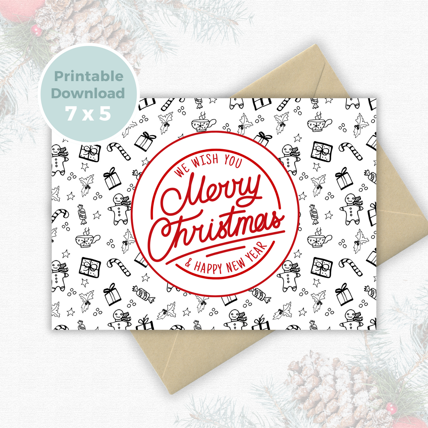 Printable Christmas Card - Gingerbread & Gift Pattern