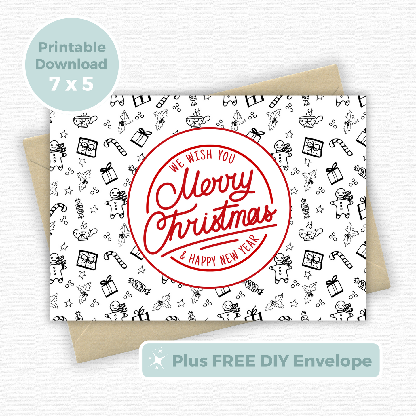 Printable Christmas Card - Gingerbread & Gift Pattern
