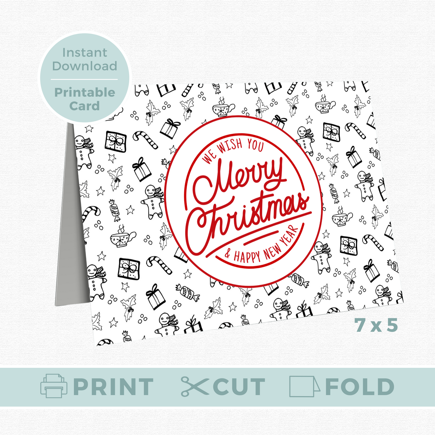 Printable Christmas Card - Gingerbread & Gift Pattern
