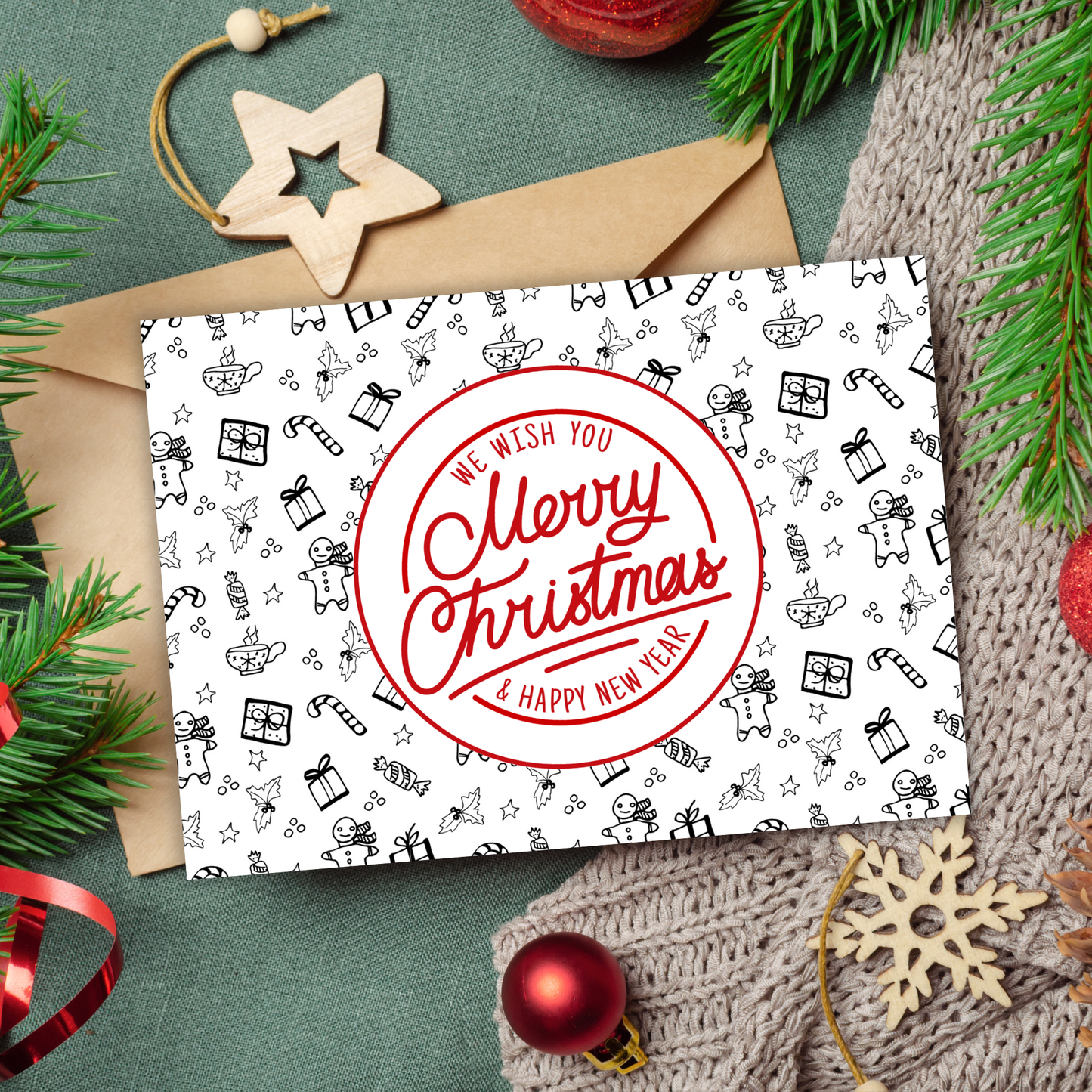 Printable Christmas Card - Gingerbread & Gift Pattern