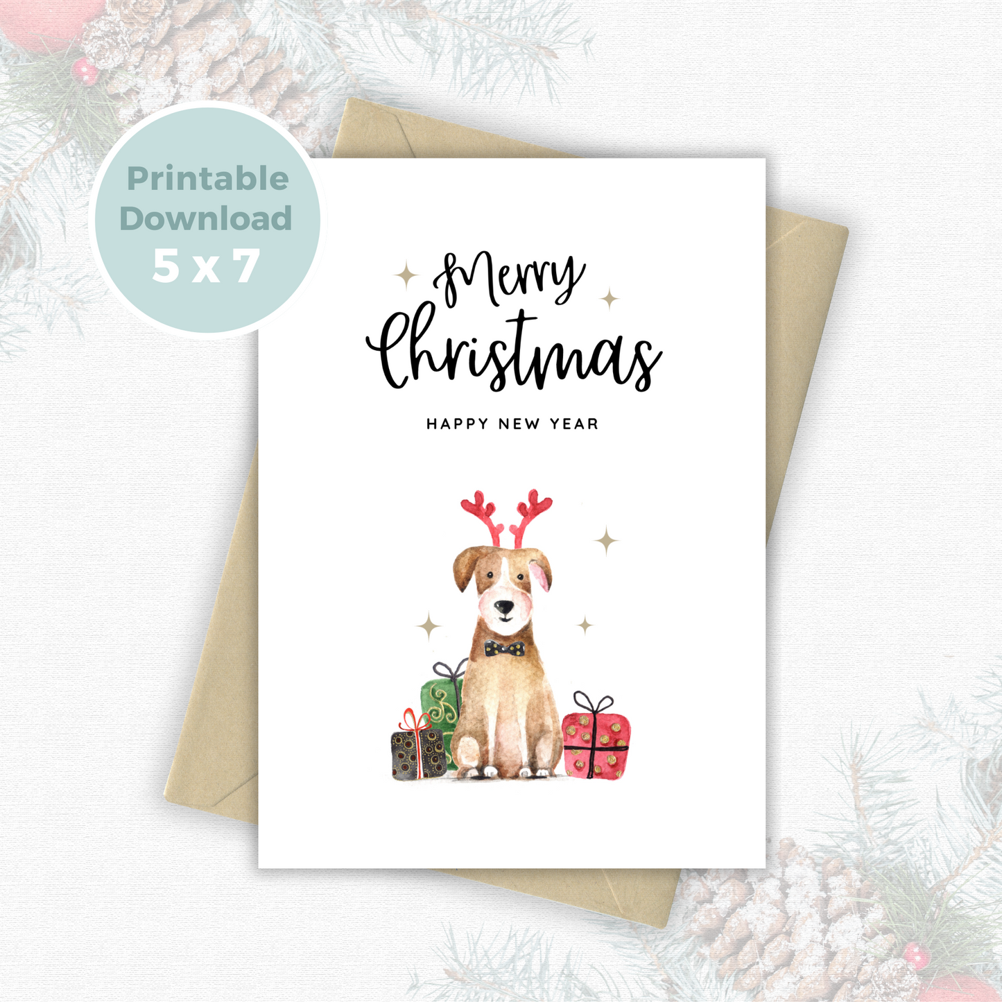 Printable Christmas Card - Cute Dog in Reindeer Antlers