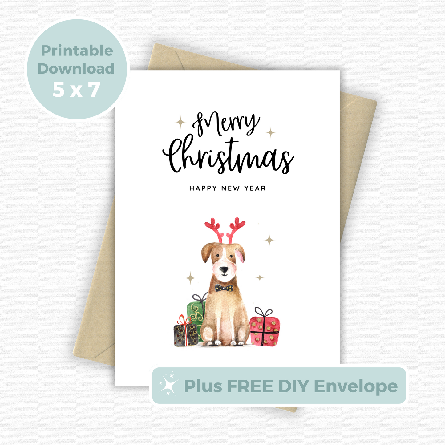 Printable Christmas Card - Cute Dog in Reindeer Antlers