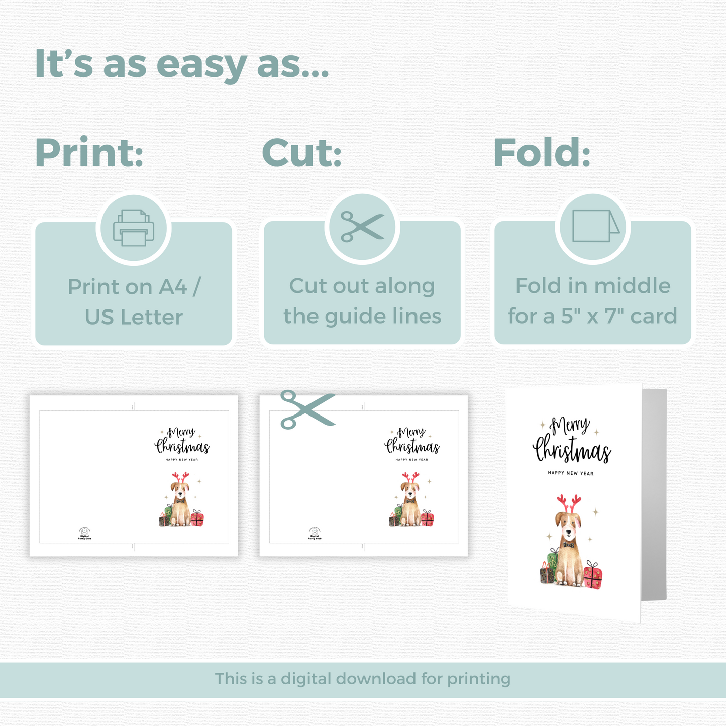 Printable Christmas Card - Cute Dog in Reindeer Antlers