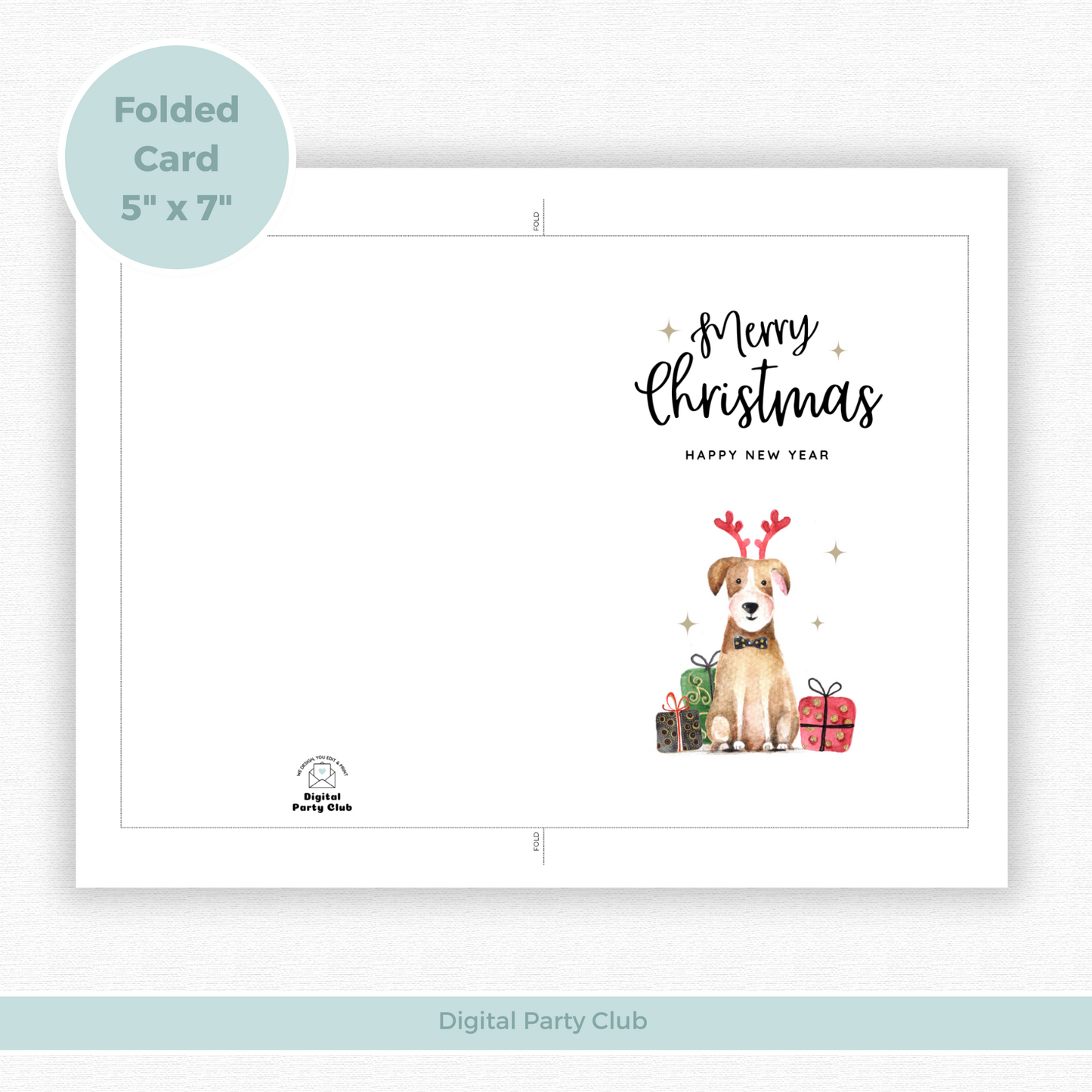 Printable Christmas Card - Cute Dog in Reindeer Antlers