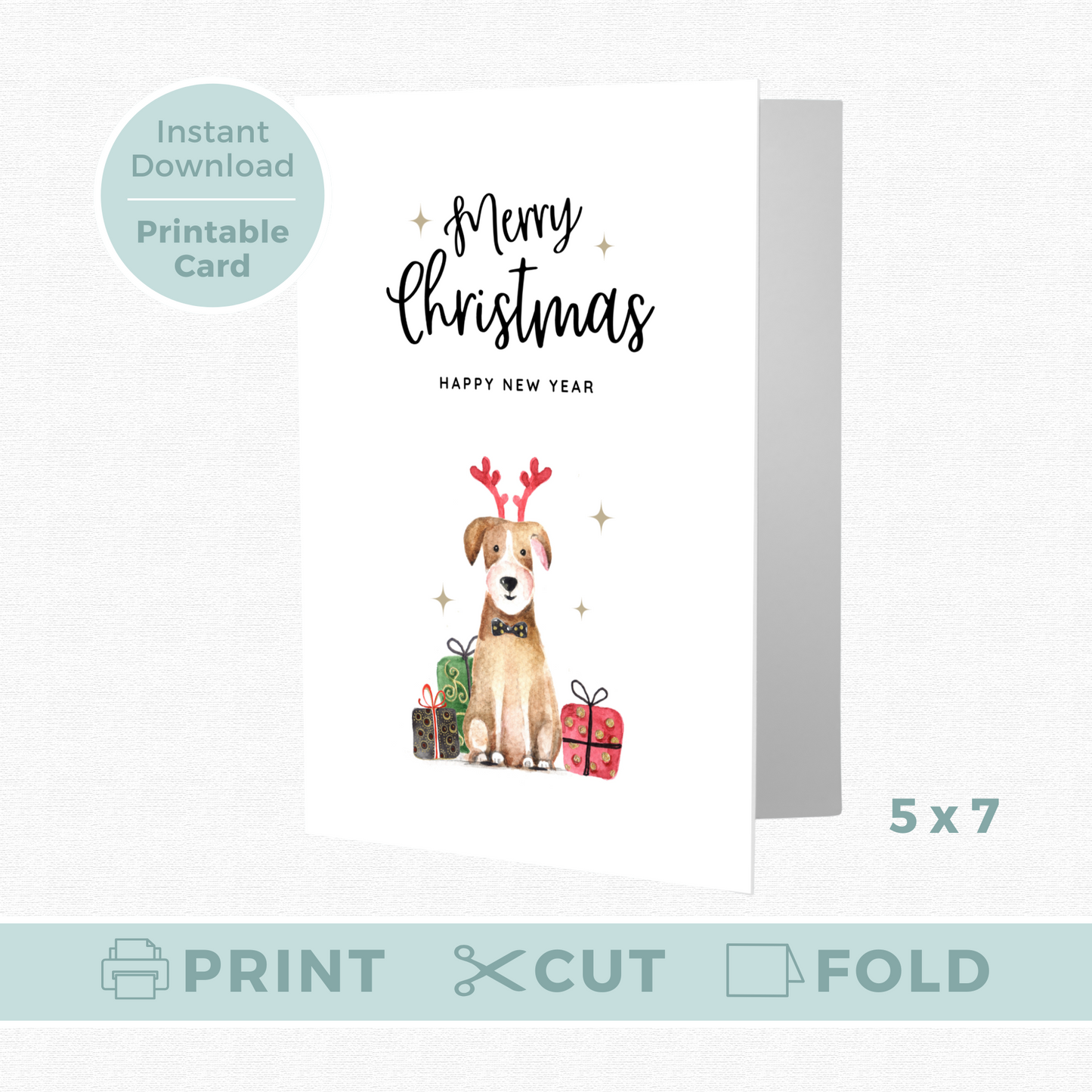 Printable Christmas Card - Cute Dog in Reindeer Antlers