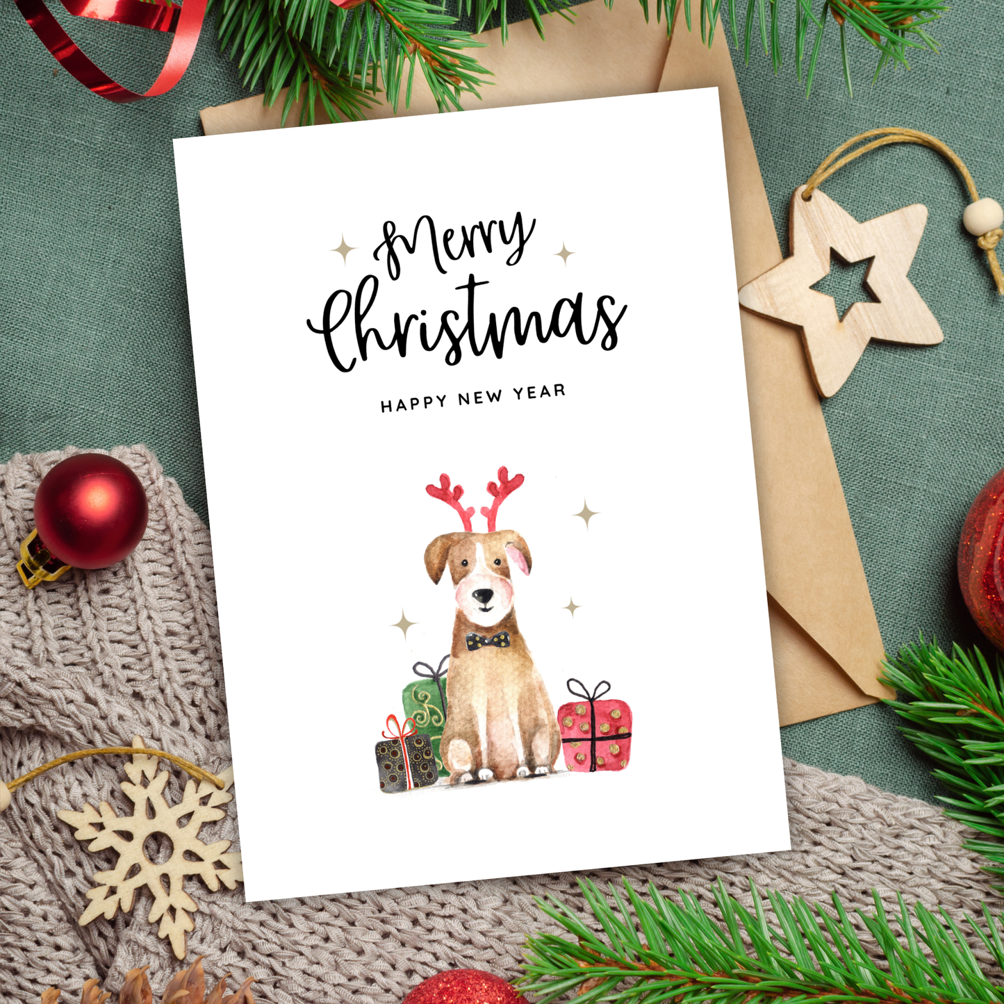 Printable Christmas Card - Cute Dog in Reindeer Antlers