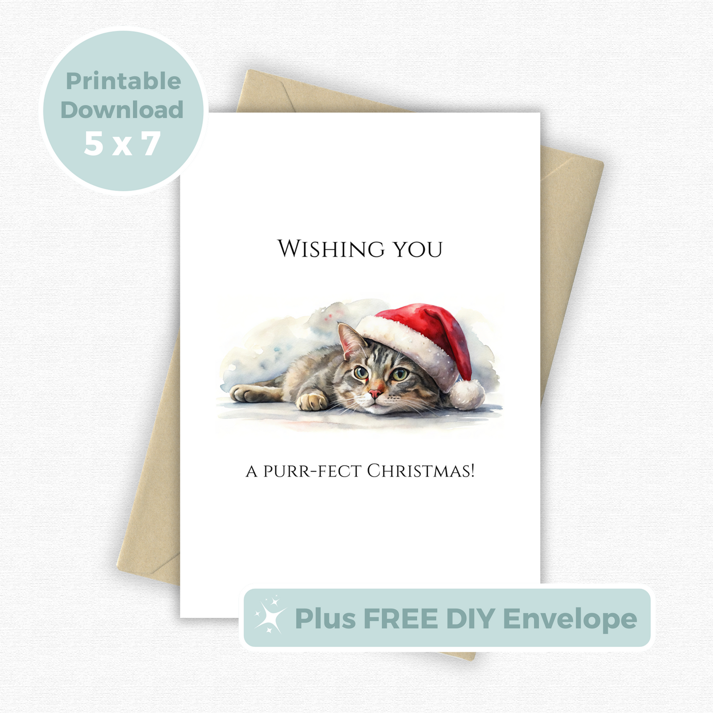 Printable Christmas Card - Cat Santa Hat