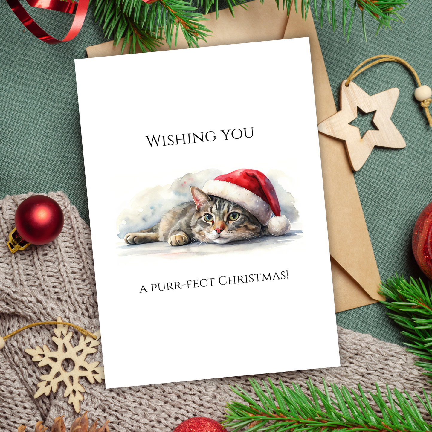 Printable Christmas Card - Cat Santa Hat