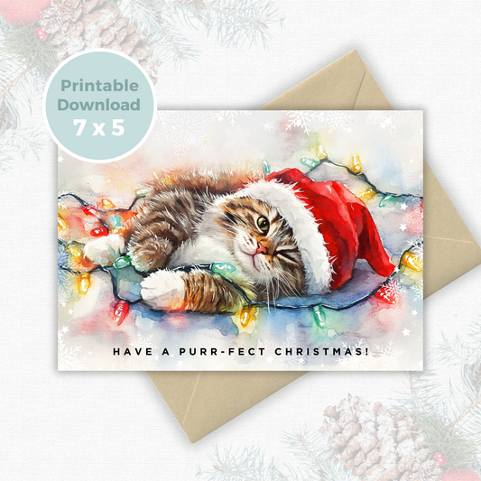 Printable Christmas Card - Cat Tangled Lights